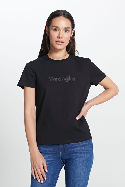 WRANGLER Μαύρο T-Shirt με λαιμόκοψη 100% βαμβάκι με κανονική εφαρμογή