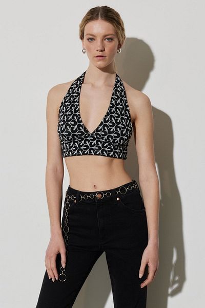 WRANGLER Regular Fit Regular Cut Halter Neck Low-Cut Women's Black Crop Blouse