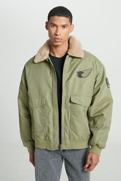 Lee Regular Fit Regular Cut Patch Detailed Sherpa Collar Khaki Bomber Jacket