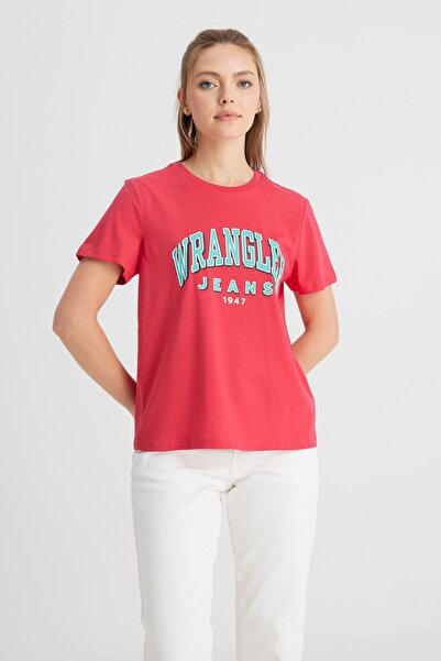 WRANGLER Μπλουζάκι με κανονική εφαρμογή, κανονική κοπή, λαιμόκοψη, 100% βαμβακερό ροζ μπλουζάκι