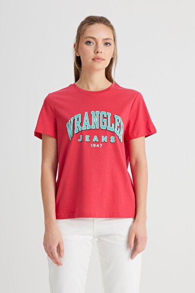 WRANGLER Μπλουζάκι με κανονική εφαρμογή, κανονική κοπή, λαιμόκοψη, 100% βαμβακερό ροζ μπλουζάκι