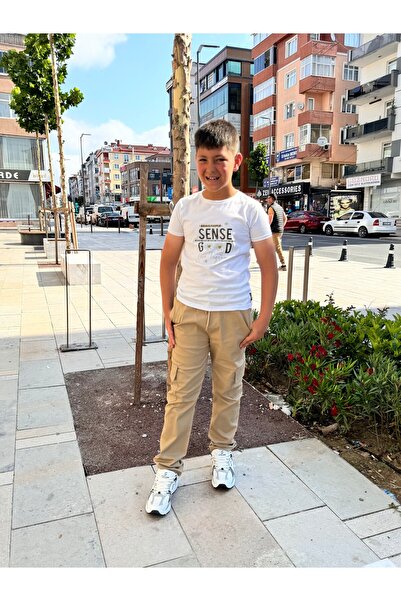 BayBayan Erkek Çocuk Krem Canvas Esnek Bel Kargo Cepli Okul Pantalonu