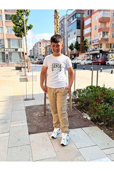 BayBayan Erkek Çocuk Krem Canvas Esnek Bel Kargo Cepli Okul Pantalonu