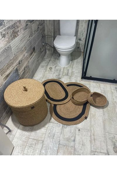ModaCardin Σετ 5 χαλάκια μπάνιου από γιούτα και ψάθινο - Καλάθι σε στυλ Bohemian και Nordic