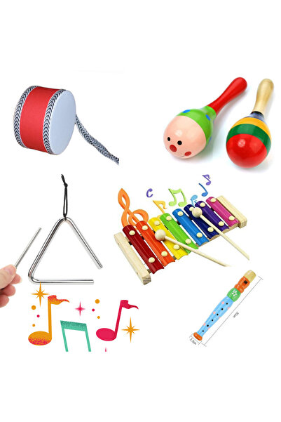 SAMTOYS Müzik Aletleri Seti Deri Davul ,Ksilofon , 2 Marakas, Zil, Flüt