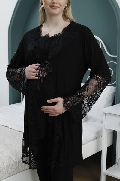 MANSHET Women's Black Lace Summer Pajamas Set - for Pregnant and Maternity, 3-Piece Set