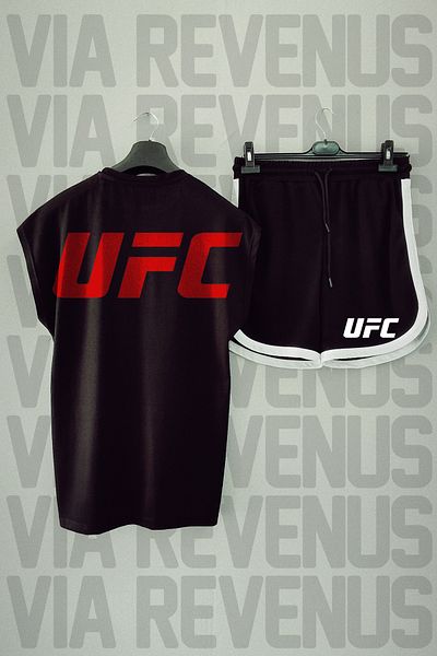 Vordevia UFC Back Printed Crew Neck Black Sports T-shirt and Shorts Set - Zero Sleeve
