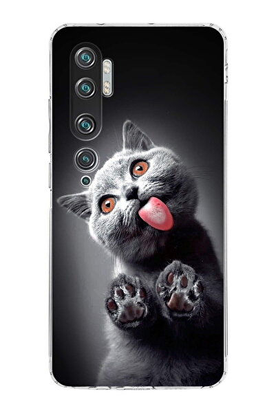 PrintiFy Xiaomi Mi Note 10 Pro ile Uyumlu Kedi 2 Kamera Korumalı Şeffaf Kılıf