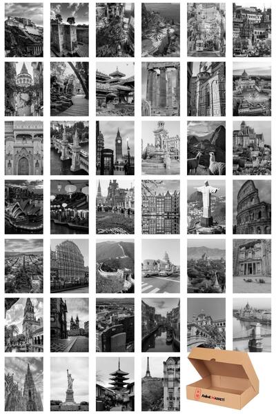 Anime Marketi Dünya Şehirleri Siyah Beyaz Duvar Poster Seti - Şehirler Poster...