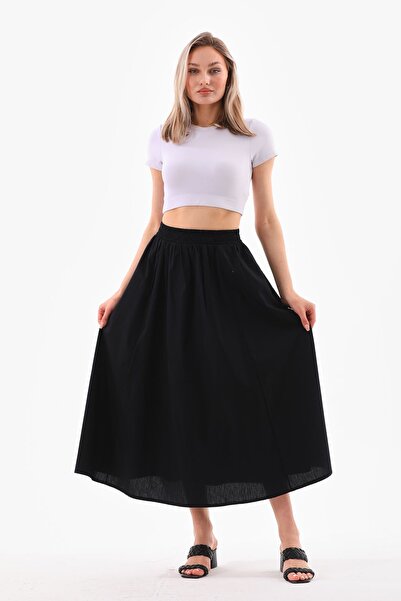 LIFE FLOWERS Дамска пола с еластична талия, овърсайз, от черен поплин