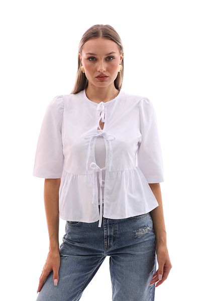 Tuğba Kabil White Collarless Tie Short Sleeve Shirt