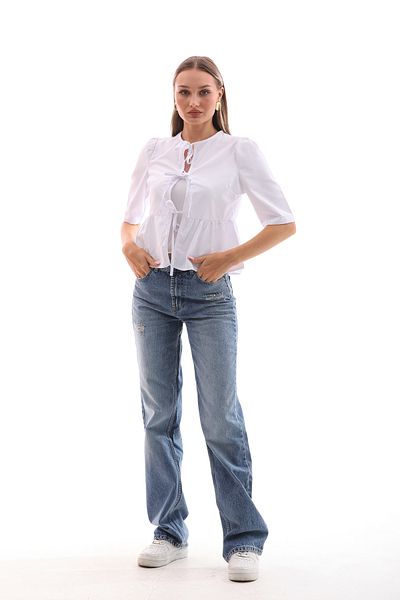 Tuğba Kabil White Collarless Tie Short Sleeve Shirt