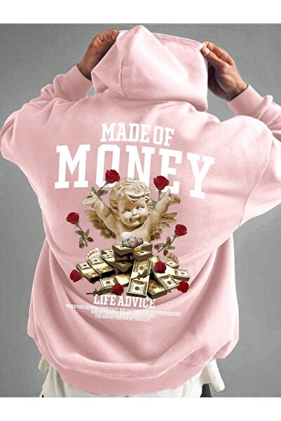 over head oh Ανδρικό Oversize Pink Hoodie - Made Of Money Printed, 3 νήματα