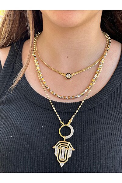 Brillo Serenay 3’lü Kolye Seti ( Büyük Halka Şövalye Kolye, Hasır, Kare Dorika )