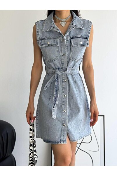 MsLena Butik Rochie de damă, cu închidere prin snap, cu curea, din denim, fără mâneci, buzunare duble, buzunare fără închidere nr.430-9644