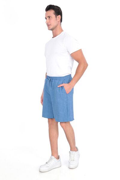 REYNEV Pantaloni scurți de vară cu textura de in albastru - Potrivire confortabilă cu talie elastică și buzunare