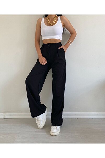 Shield Life Μαύρο ύφασμα Palazzo - Γυναικείο παντελόνι με πλισέ και κουμπιά