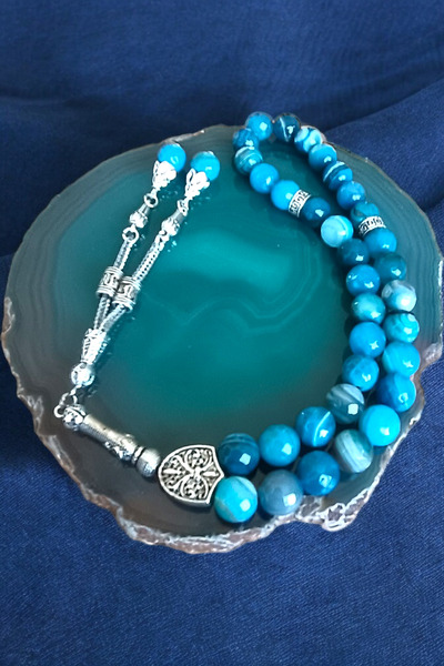 MGA DOĞAL TAŞ 33 de mărgele de agat albastru Tasbih - tăiat fațetă, certifica...