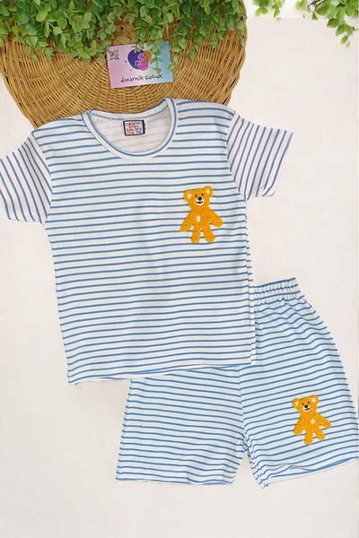 dinamik çocuk 2-Piece Embroidered Striped Suit for Boys/Girls - Teddy Bear Pattern, Thin Short Sleeve