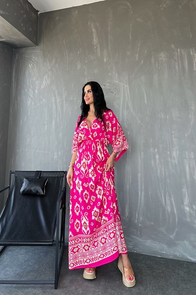 kamacibutik Țesătură de viscoză cu modele etnice - Rochie de vară cu guler dublu și cu fante