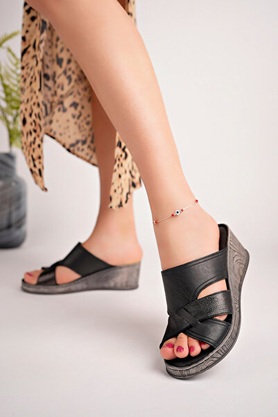 Akgün Terlik Black Genuine Leather Wedge Heeled Soft Sole Women's Slippers