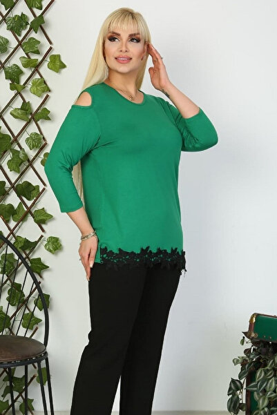 FİERTE Fierte Kadın Büyük Beden Bluz Bk23242 Dantel Etekli Kol Detaylı