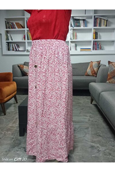 hoaryage Beli Lastikli Fırfırlı , Düğme Detaylı Çıtır Çiçekli Viskon Basma Etek