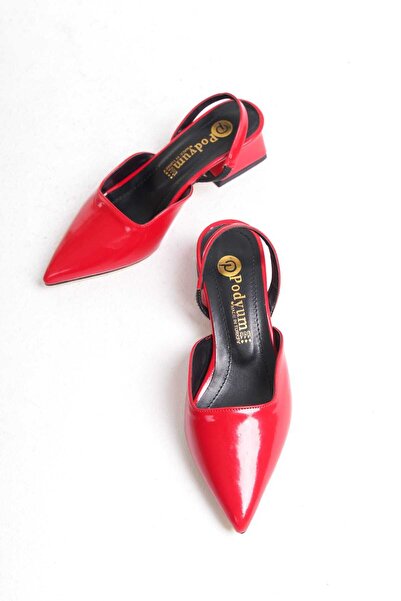 Ayakkabı Podyumum "BELIZ" جلد أحمر لامع مفتوح من الخلف ومقدمة مدببة ومغلقة وك...