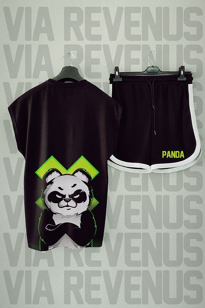Vordevia Panda Patterned Crew Neck Sports T-shirt and Black Sports Shorts Set - Zero Sleeve