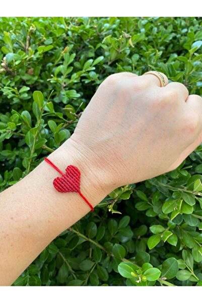elamindunyasi Mum İp Makrome Örme Kalp Bileklik Kırmızı