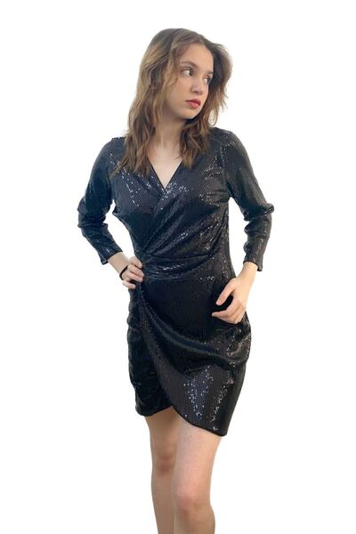 Mois Atelier Pul Payetli Kruvaze Mini Siyah Kadın Abiye Nikah Elbise Tasarım ...