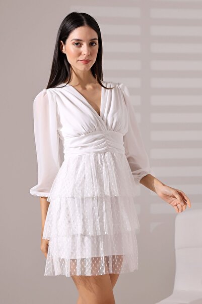 Mois Atelier Fırfırlı Beyaz Ponpon Tül Büzgülü Mini Abiye Nikah Elbise Tasarı...