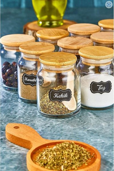 ŞAKİLATA CONCEPT Labeled Bamboo Lid 300 ml 12 Jars and 12 Mini Spice Spoons - 24 Piece Spice Set