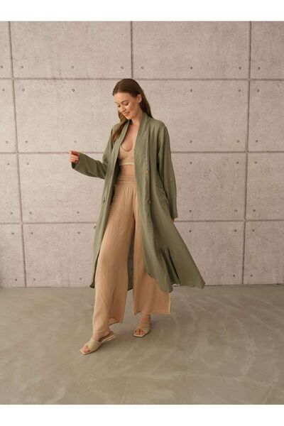 SARE ERKMEN Kimono - Green Color Cap & Ferace Summer Thin 100% Cotton Muslin Fabric