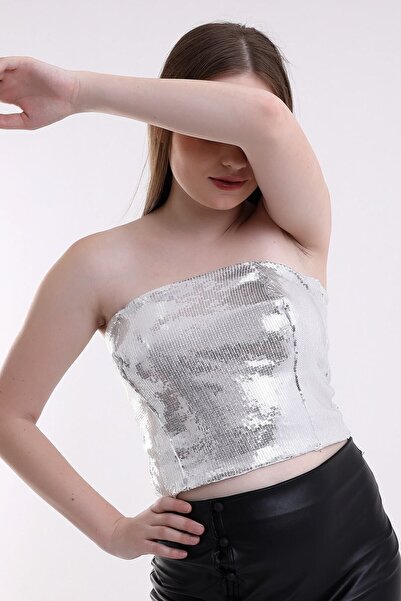 Mois Atelier Metalik Pul Payetli Crop Büstiyer Tasarım Hediye Büyük Beden