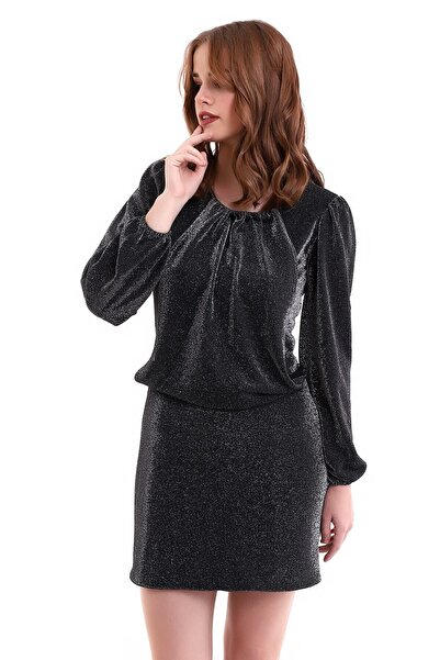 Mois Atelier Siyah Simli Beli Dökümlü Boyundan Büzgülü Mini Abiye Nikah Elbis...