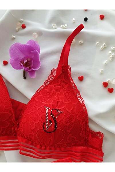 KEMSON Κόκκινο VS Κεντημένο Ειδικό Σχέδιο Δαντέλα Χωρίς Εσωρούχο Σετ - 0110