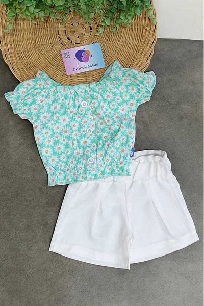dinamik çocuk Girl's Thin Designed Summer Floral Printed Linen Set - Top and Bottom Set with Ribbed Fabric Shorts