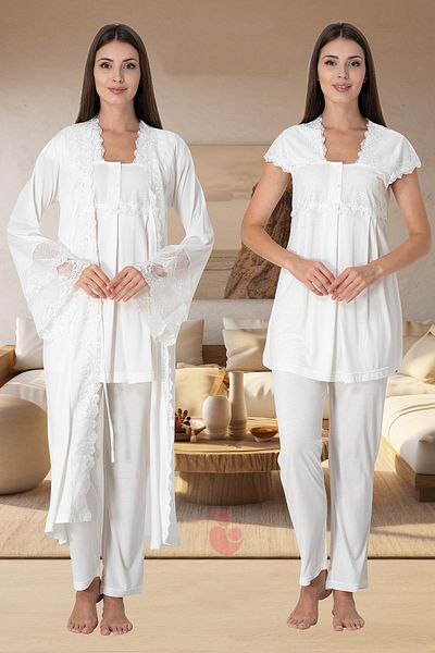 lohusahamile Ecru Maternity and Maternity Pajamas Set - Princess and Morning Gown Detailed