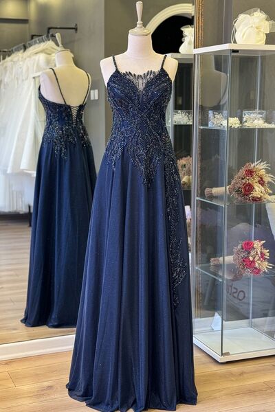 Lenta Moda Lacivert Simli Dantel Kaplamalı Maxi Boy Abiye ve Nikah Elbise