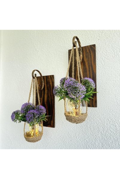 STDEKOR Wall Decoration, Led Light, Purple Dandelion Flower, Walnut Sconce Set of Two