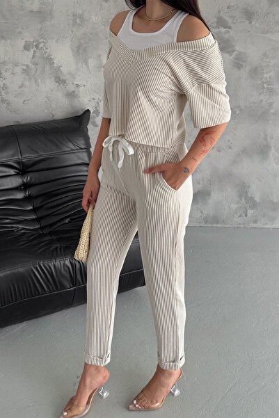 MILANOFOX Ottoman Single Jersey Garnished Striped Crop Tank Set - Low Shoulder