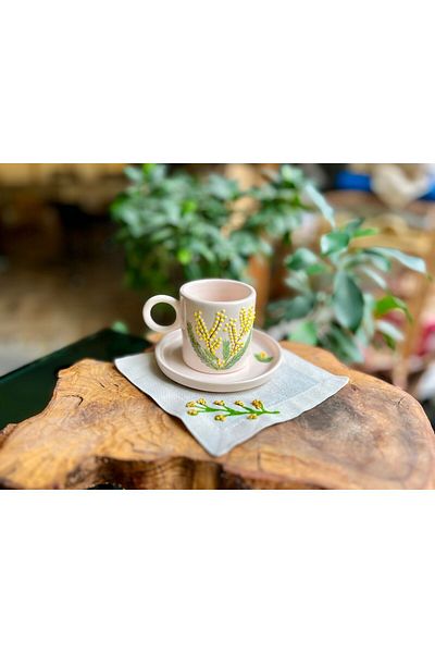 Hayat Ağacı Atölyesi "Mimoza" Ceramic Turkish Coffee Cup - Hand Embroidered Cocktail Napkin and Censer