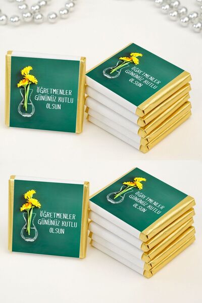 Çikolata Saati Öğretmenler Günü Hediyesi 24’lü Baskılı Madlen Çikolata – Yeşil Tasarımlı Etiket