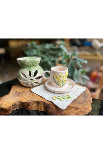 Hayat Ağacı Atölyesi "Mimoza" Ceramic Turkish Coffee Cup - Hand Embroidered Cocktail Napkin and Censer