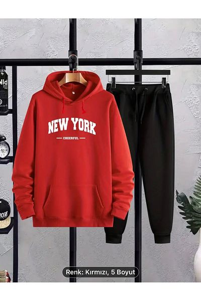 optimist sağdıç the original NEWYORK CHEERFUL PRINTED Men's Women's Tracksuit Set - 2 Lower and Upper Sweatpants and Sweatshirts