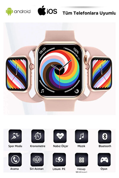 LaraThec Yeni Nesil Watch 7 Akıllı Saat Ios Androıd Uyumlu Bluetooh Arama Bildirim Alma Pembe Gold