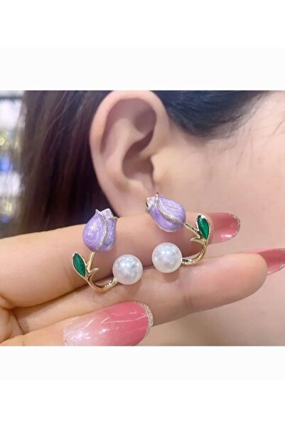 erda handmade craft Tulip Motif Pearl Rhinestones Stud Earrings