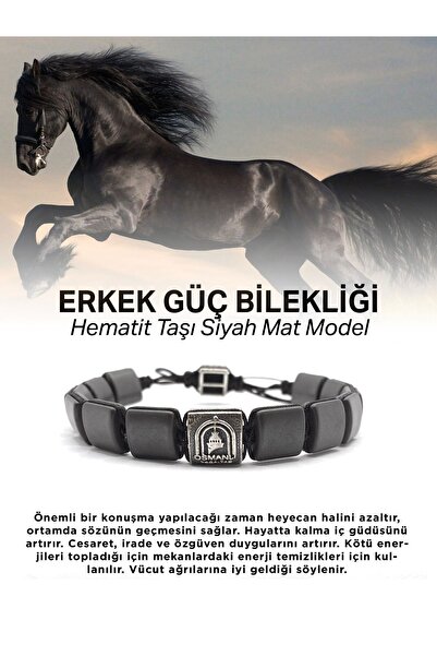 OSMANLI DEĞERLİ TAŞ Hematit Gümüş Kaplama Doğal Taş Erkek Bilekliği Mat Model