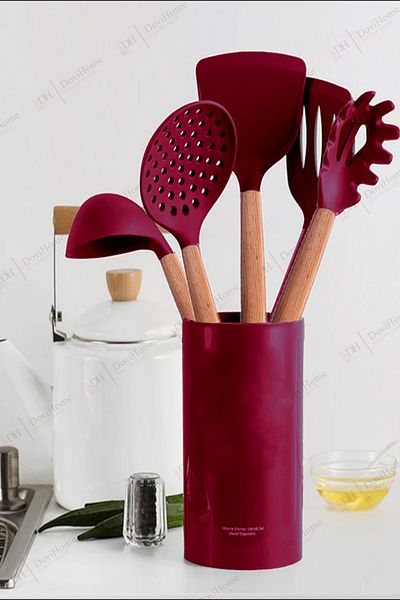 Alacarte 6 Piece Silicone Cooking Set - Wooden Handle, Heat Resistant Organizer Box